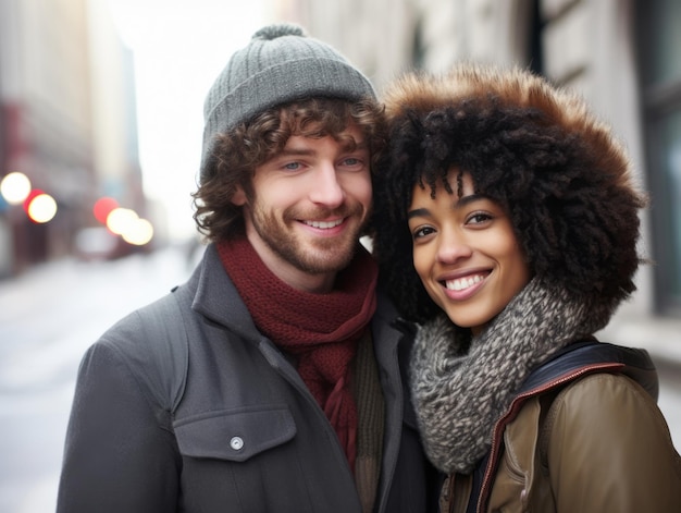 Een liefhebbend koppel van verschillende rassen geniet van een romantische winterdag.