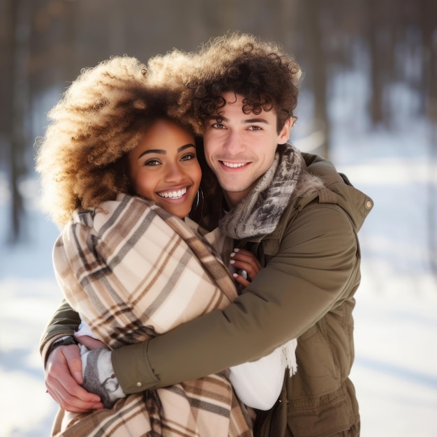 Een liefhebbend koppel van verschillende rassen geniet van een romantische winterdag.