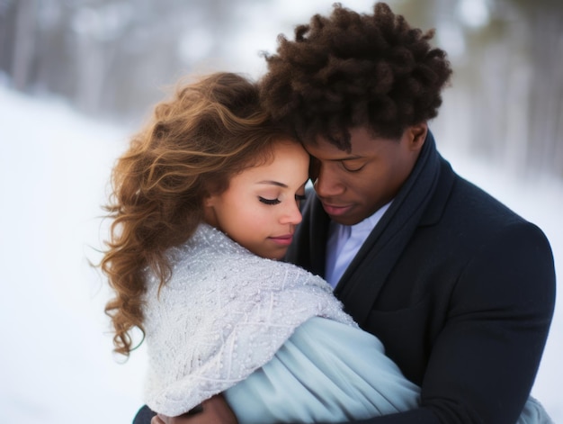 Een liefhebbend koppel van verschillende rassen geniet van een romantische winterdag.