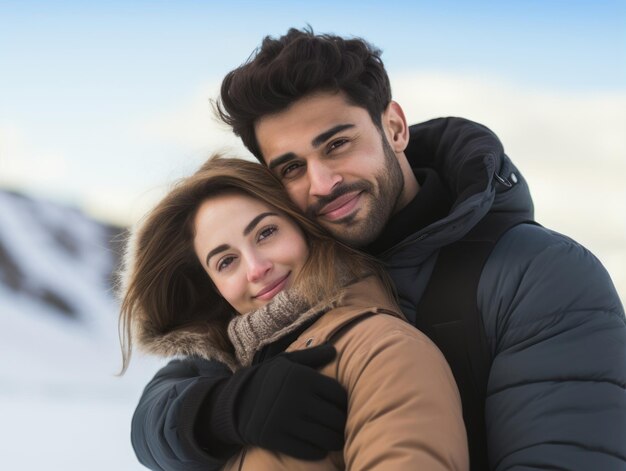 Een liefhebbend koppel van verschillende rassen geniet van een romantische winterdag.