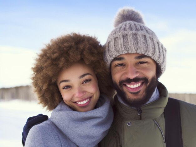 Een liefhebbend koppel van verschillende rassen geniet van een romantische winterdag.