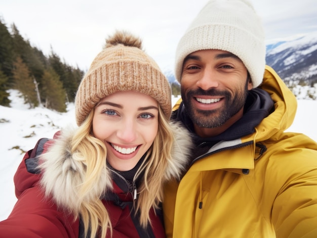 Een liefhebbend koppel van verschillende rassen geniet van een romantische winterdag.