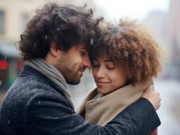 Foto een liefhebbend koppel van verschillende rassen geniet van een romantische winterdag.