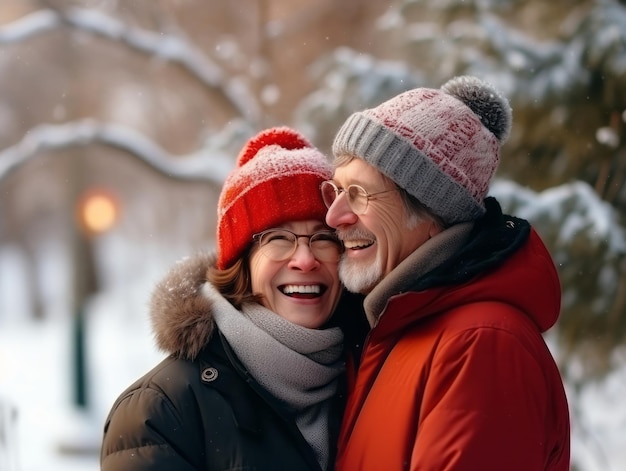 Een liefhebbend oud echtpaar geniet van een romantische winterdag.