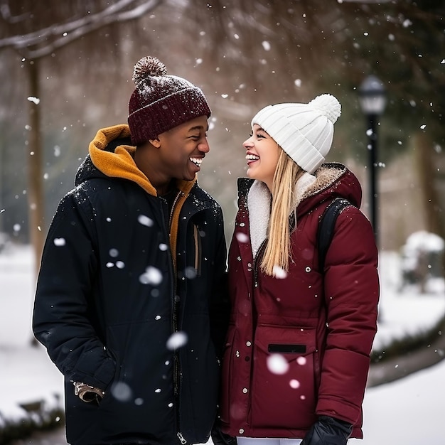 Een liefhebbend tienerpaar geniet van een romantische winterdag.