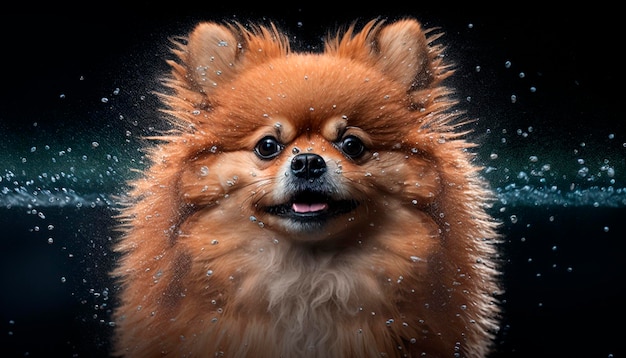 Een lieve Pommerse hond die in de regen zit en de regendruppels afschudt