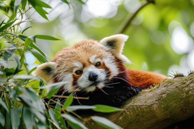 Een lieve rode panda die in een bamboewoud ligt te rusten Een charmante rode panda die rust te midden van weelderig bamboe bladeren