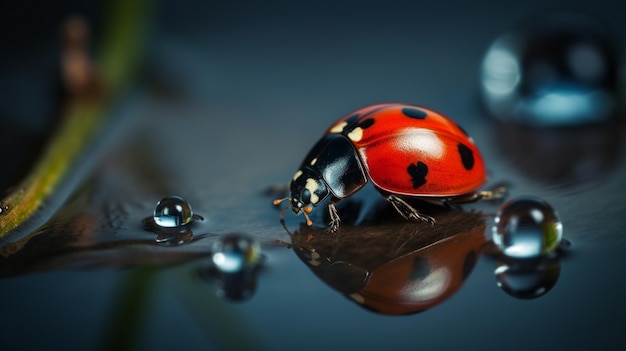 Een lieveheersbeestje in het water met een druppel water op de bodem