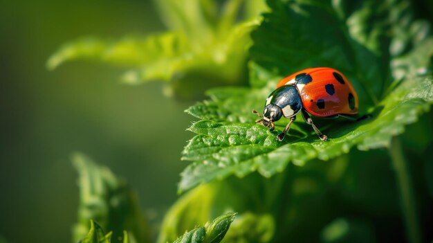 Een lieveheersbeestje kruipt op een groen blad met dauw.