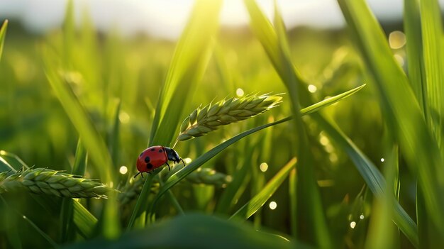 Een lieveheersbeestje op een groen tarweveld