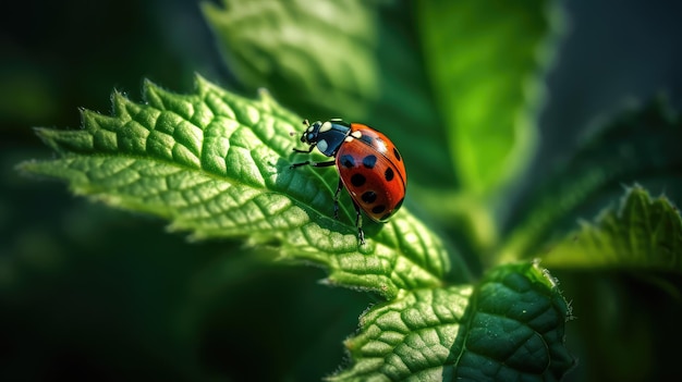 Een lieveheersbeestje zit op een blad in de zon.