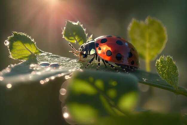 Een lieveheersbeestje zit op een blad in het zonlicht.