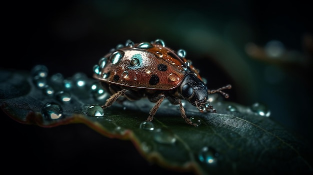 Een lieveheersbeestje zit op een blad met waterdruppeltjes erop.