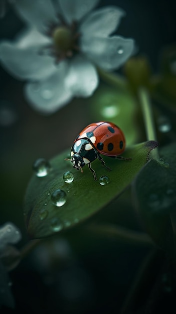 Een lieveheersbeestje zit op een blad met waterdruppeltjes erop.