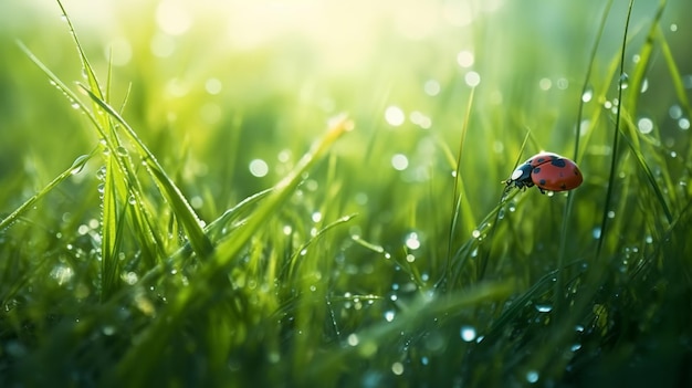 Een lieveheersbeestje zit op een gras waar de zon op schijnt.