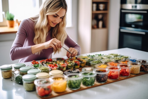 Een lifestyle-opname van een vrouw die geniet van een zelfgemaakte maaltijdbereiding met containers gevuld met voedzame en geportioneerde maaltijden Generatieve AI