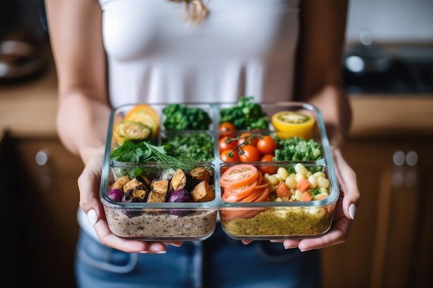 Een lifestyle-opname van een vrouw die geniet van een zelfgemaakte maaltijdbereiding met containers gevuld met voedzame en geportioneerde maaltijden Generatieve AI