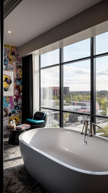 Een ligbad in een kamer met uitzicht op de stad