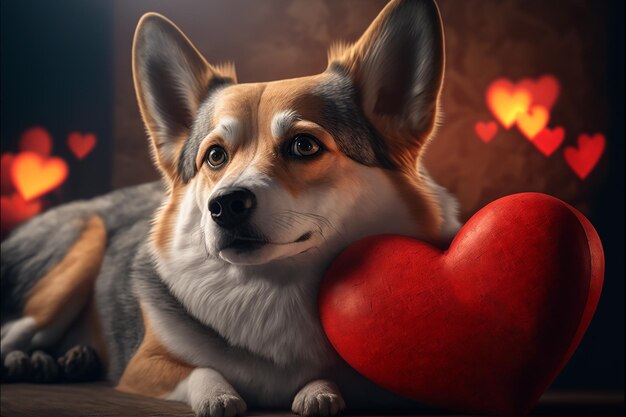 Een liggende welsh corgi hond met een rood hart speelgoed Valentijnsdag concept Generatieve AI