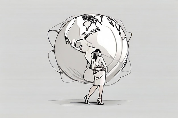 Eén lijn tekening van een gefrustreerde zakenvrouw die een aardbol op haar rug draagt Industriële vervuiling natuurlijke hulpbronnen