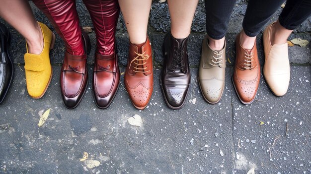 Foto een lijn van geavanceerde mannen schoenen in verschillende stijlen en kleuren netjes naast elkaar geplaatst