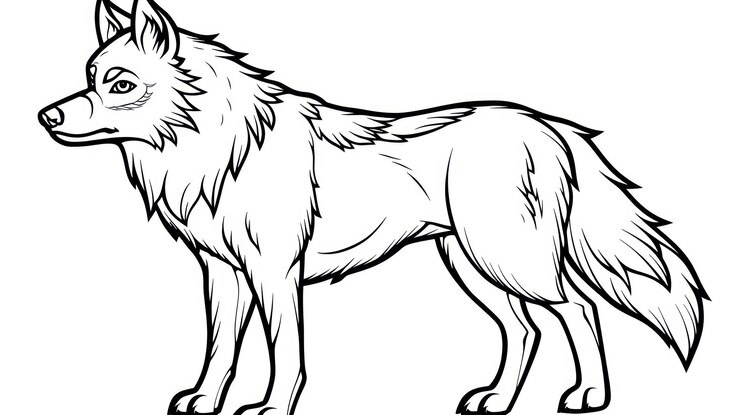 Foto een lijntekening van een wolf die met zijn staart gebogen staat