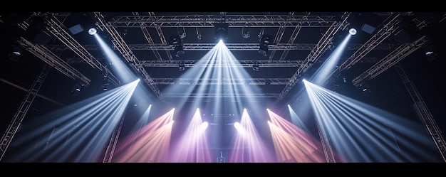 Een live-stage productie overhead trusses en verlichting in een live locatie Stage rigging apparatuur