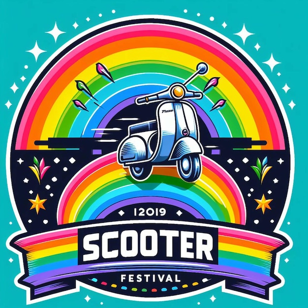 een logo voor het SCOOTER-festival met regenboog op de achtergrond