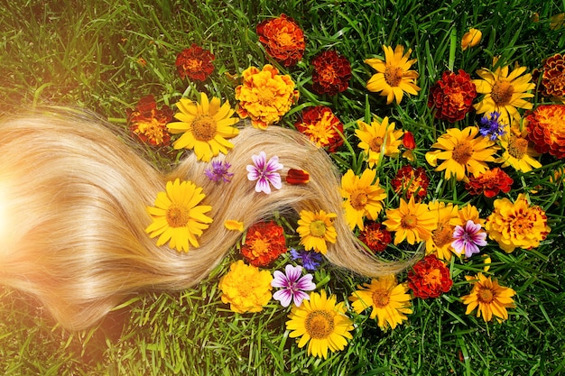 Een lok blond haar tussen de bloemen op het groene gras haargezondheidsconcept natuurlijk ingrediënt cos ...