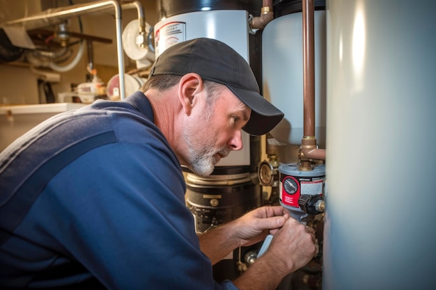 Foto een loodgieter inspecteert een waterverwarmer