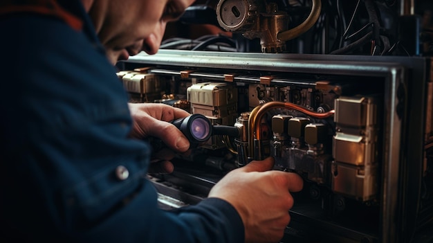 Een loodgieter repareert een radiator Met een verstelbare sleutel draait hij de kraan vast Een koffertje met gereedschap bij de hand telelens daglicht