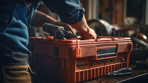 Een loodgieter repareert een radiator Met een verstelbare sleutel draait hij de kraan vast Een koffertje met gereedschap bij de hand telelens daglicht