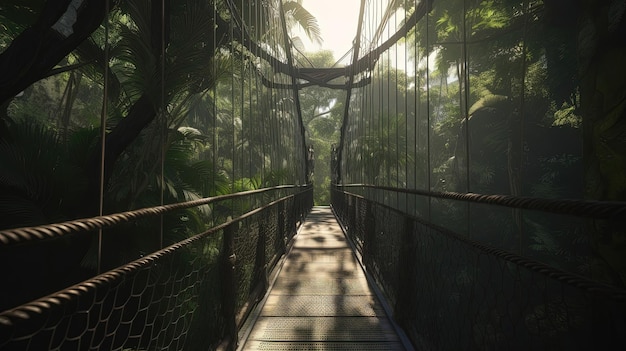 Een loopbrug door een weelderige tropische tentoonstelling stelt bezoekers in staat om de wonderen van het regenwoud te ervaren vanuit een uniek perspectief, gegenereerd door AI