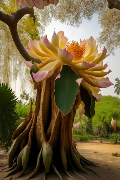 Een lotusboom met een grote bloem erop