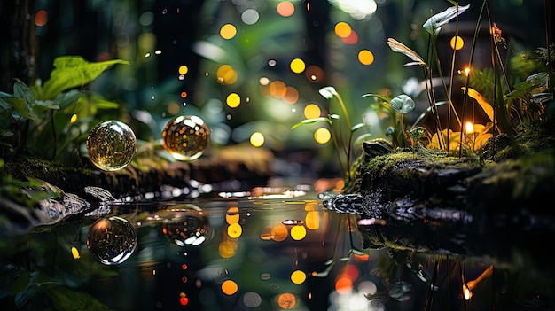 Een lowangle foto van een tropisch of exotisch nachtbos met zachte bokeh Een magisch en betoverd voor