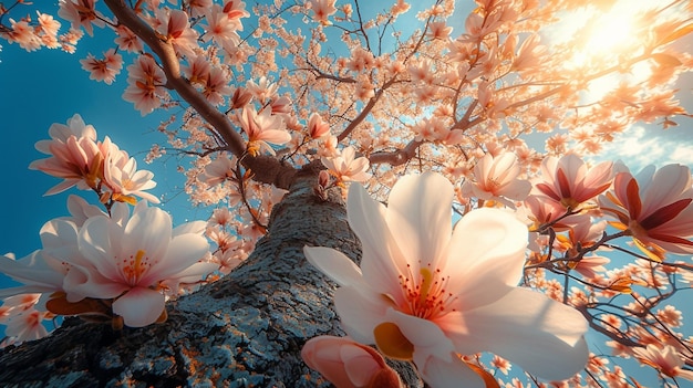 Een lowangle opname van het bladerdak van een amandelboom AI genereren illustratie