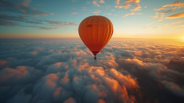 een luchtballon die boven de wolken vliegt bij zonsondergang