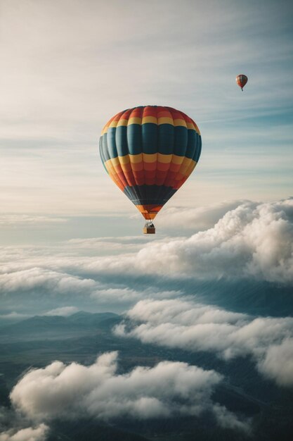 Een luchtballon die door de wolken vliegt.