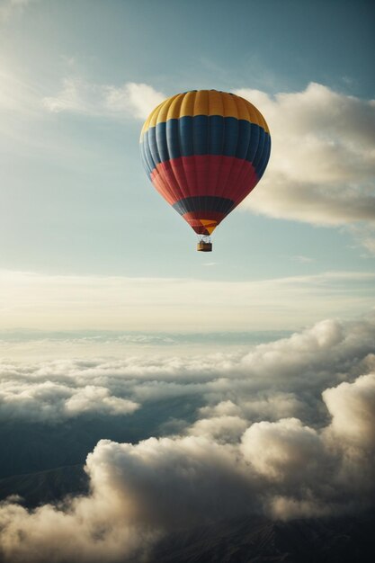 Een luchtballon die door de wolken vliegt.