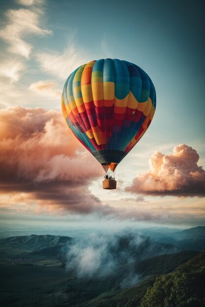 Een luchtballon die door de wolken vliegt.