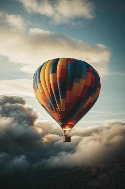 Een luchtballon die door de wolken vliegt.