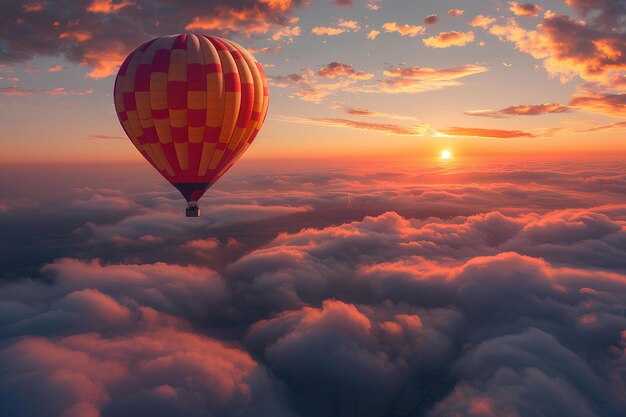 Een luchtballon die over een wolkenrijke hemel vliegt bij zonsondergang of dageraad met de zon ondergaan in de