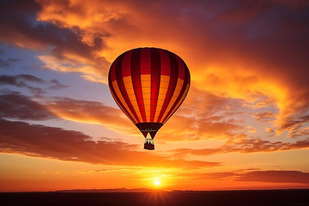 Een luchtballon met een silhouet tegen een ondergaande zon