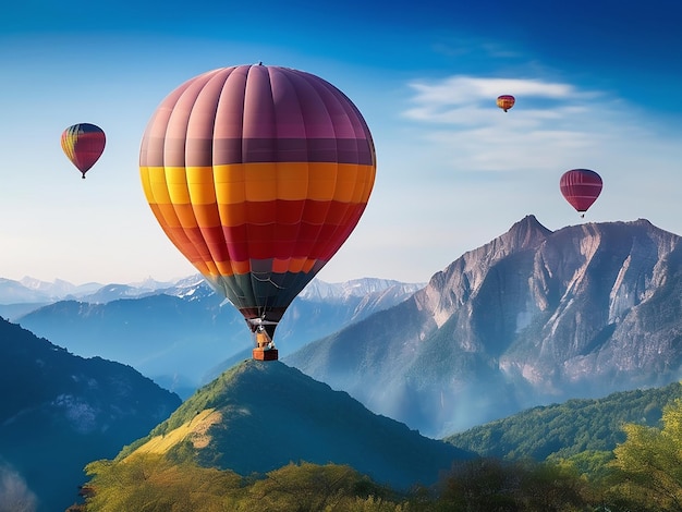 Een luchtballon vliegt over een berg een avontuurlijk landschap