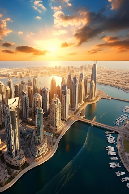 een luchtbeeld van de stad Dubai bij zonsondergang