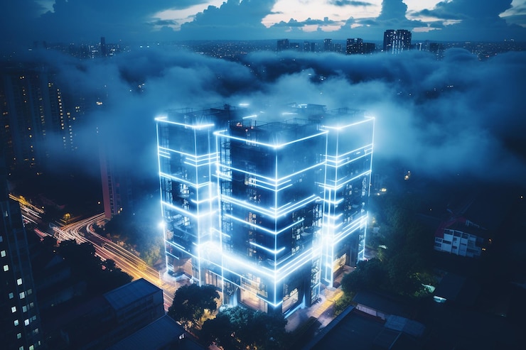 Foto een luchtbeeld van een cloud datacenter op een afgelegen locatie