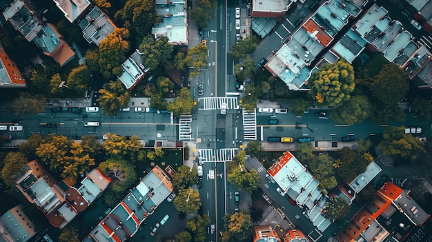 Foto een luchtbeeld van een drukke stedelijke kruising de straten zijn gevuld met auto's en mensen die de weg oversteken