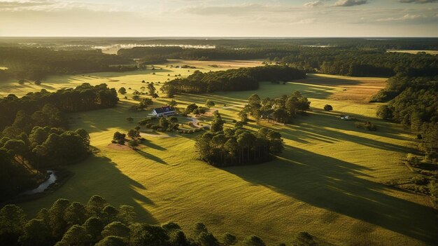 Foto een luchtbeeld van een groen veld met bomen