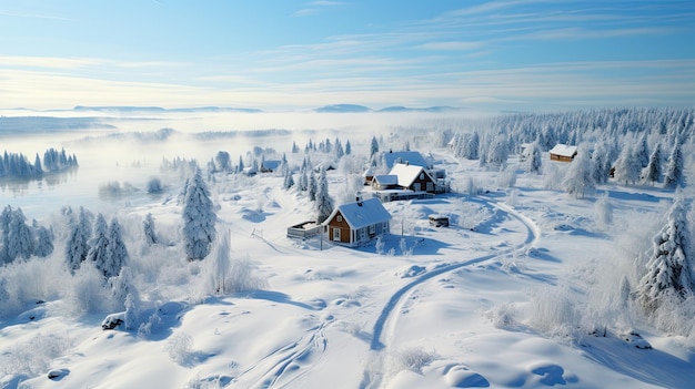 Een luchtbeeld van een klein dorpje in de sneeuw