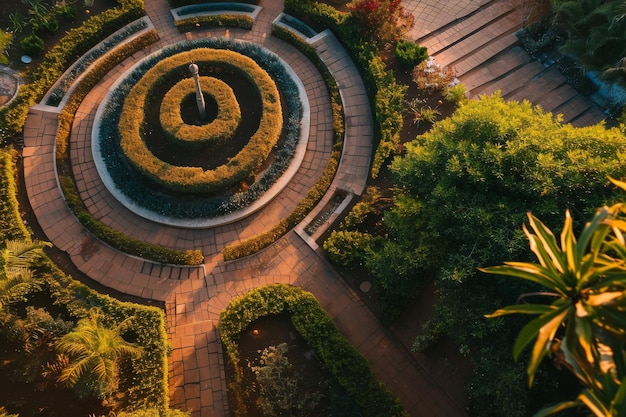 Een luchtbeeld van een labyrint tuin gegenereerd door AI